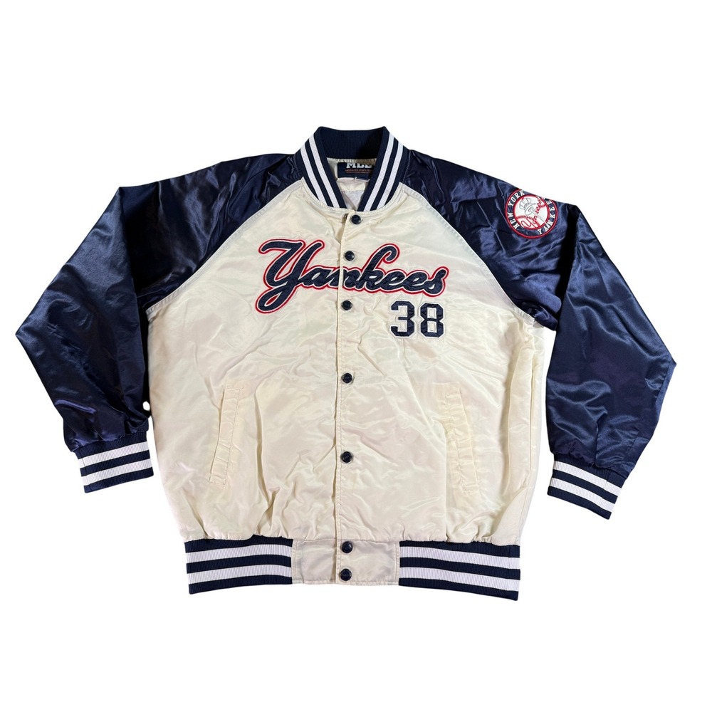 Vintage New York Yankees Satin Bomber Jacket Men 2XL‎ Cream Navy 38 MLB Varsity